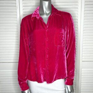 Vintage Y2K Equipment Hot Pink Crushed Velvet Button Down Shirt Blouse M 2000s